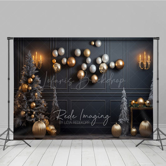 Lofaris Modern Grey and Gold Christmas Photography Backdrop Floating Ornaments with Flocked Trees Elegant Holiday Decor