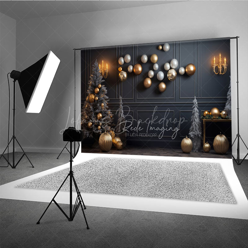 Lofaris Modern Grey and Gold Christmas Photography Backdrop Floating Ornaments with Flocked Trees Elegant Holiday Decor