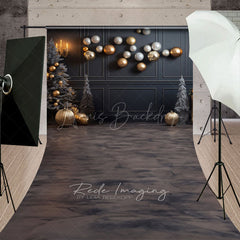 Lofaris Modern Grey and Gold Christmas Sweep Backdrop Floating Ornaments with Marble Floor Elegant Holiday Decor