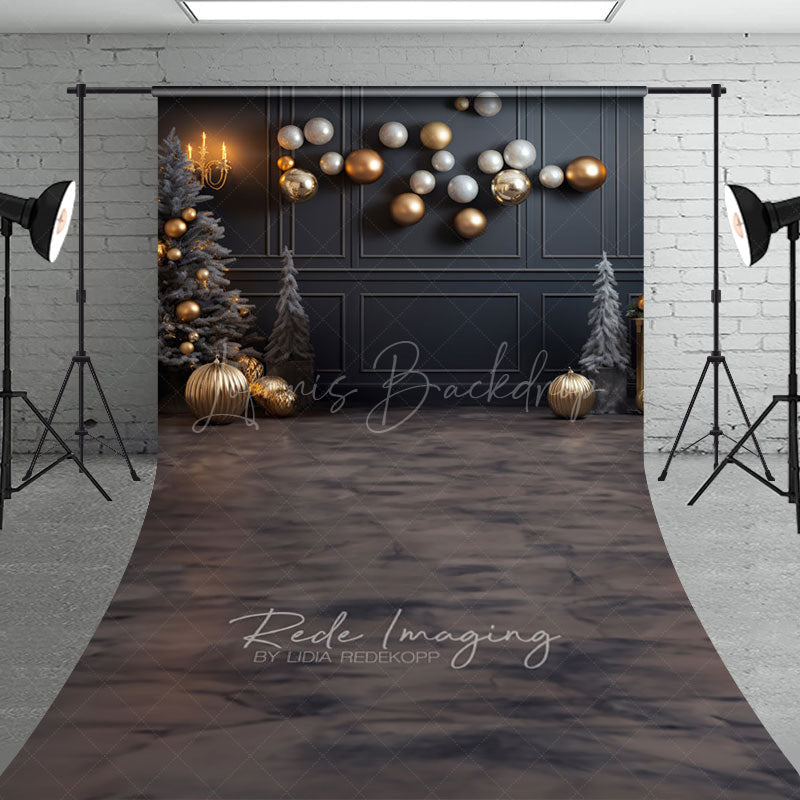 Lofaris Modern Grey and Gold Christmas Sweep Backdrop Floating Ornaments with Marble Floor Elegant Holiday Decor