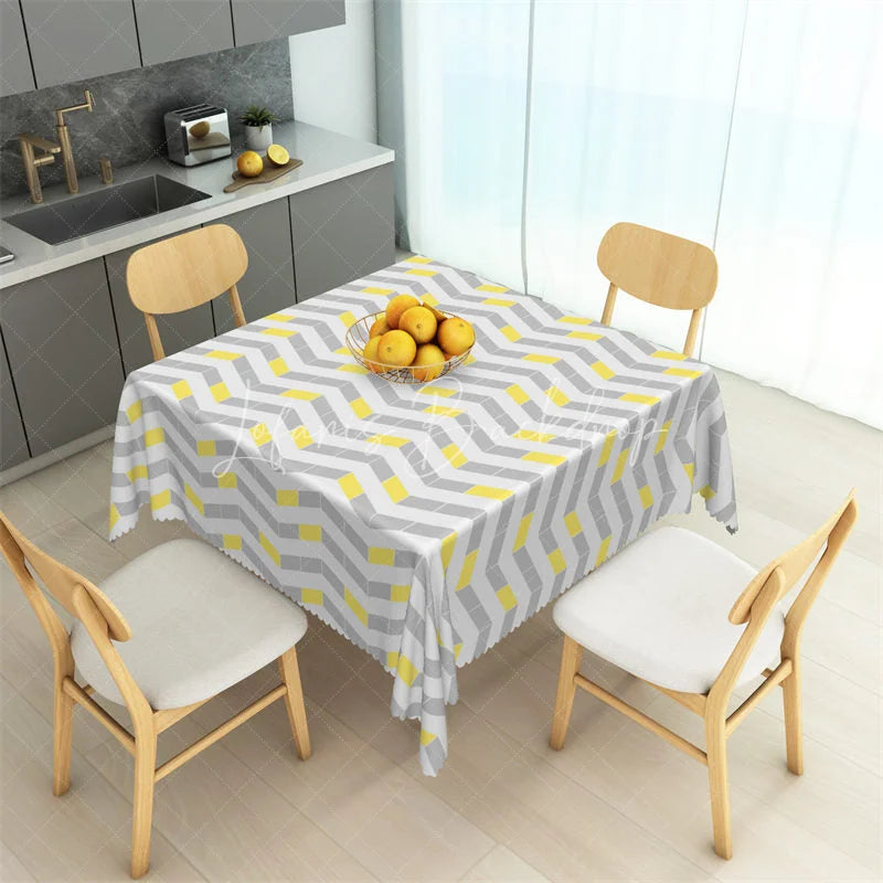 Lofaris Modern Grey and Yellow Chevron Rectangle Tablecloth Geometric Interlocking Block Pattern Table Cover