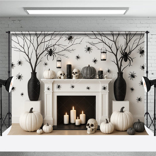 Lofaris Modern Halloween Fireplace Photography Backdrop Chic Black and White Decor Spooky Studio Photo Shoots