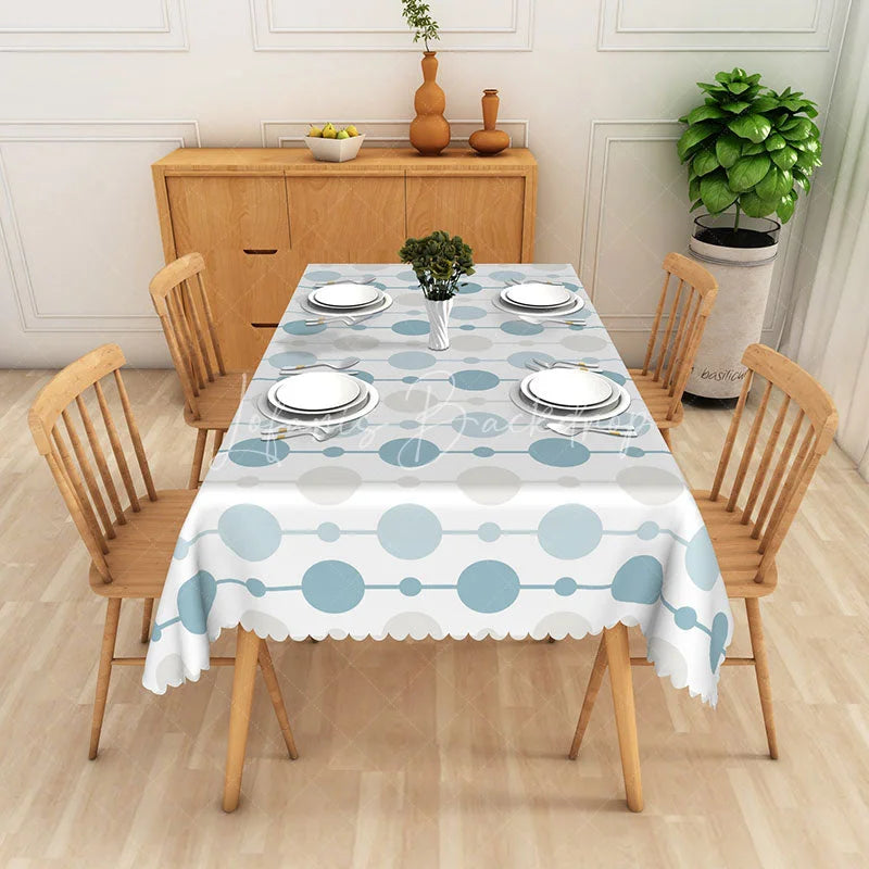 Lofaris Modern Light Blue and Grey Geometric Circles Rectangle Tablecloth Scalloped Edge Dining Table Decor