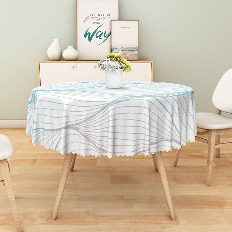 Lofaris Modern Light Blue and White Wavy Stripe Round Tablecloth for Coastal Abstract Kitchen Decor