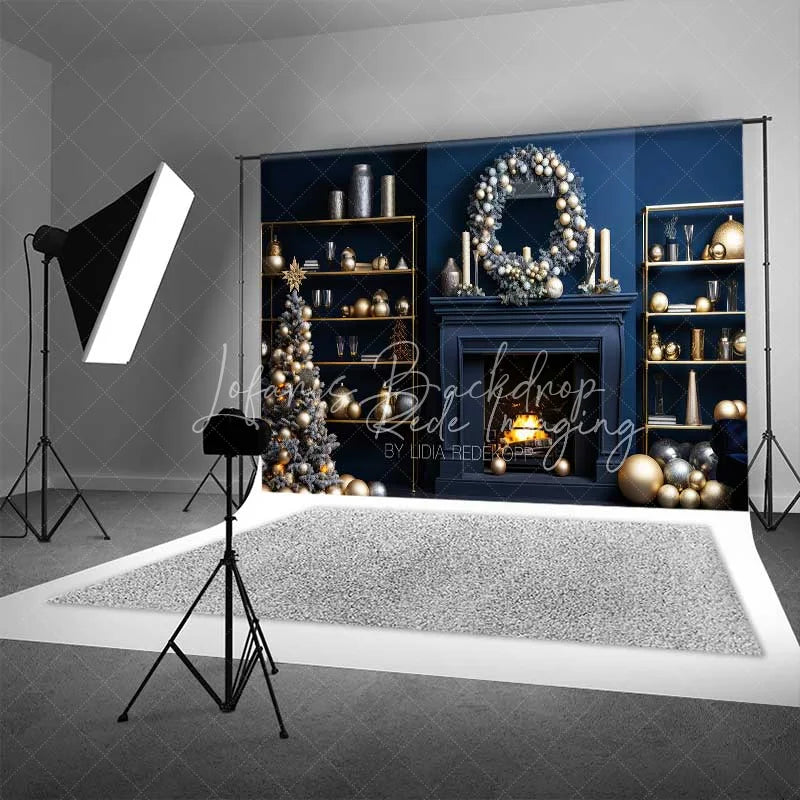 Lofaris Modern Luxury Christmas Backdrop Navy Blue Wall Gold Ornaments Fireplace Photo Background