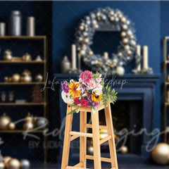 Lofaris Modern Luxury Christmas Backdrop Navy Blue Wall Gold Ornaments Fireplace Photo Background