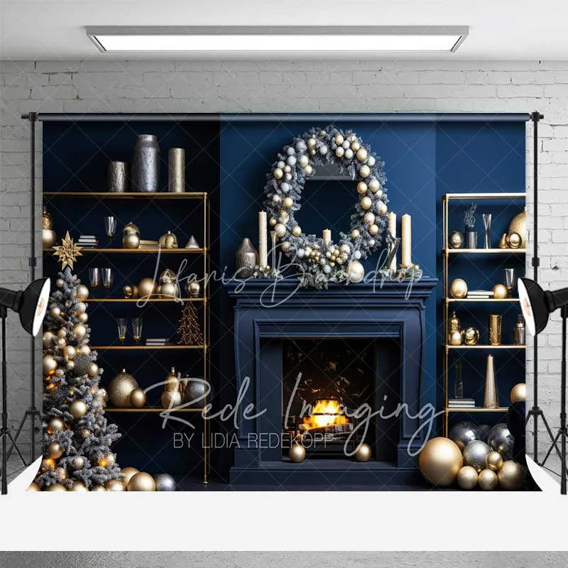 Lofaris Modern Luxury Christmas Backdrop Navy Blue Wall Gold Ornaments Fireplace Photo Background
