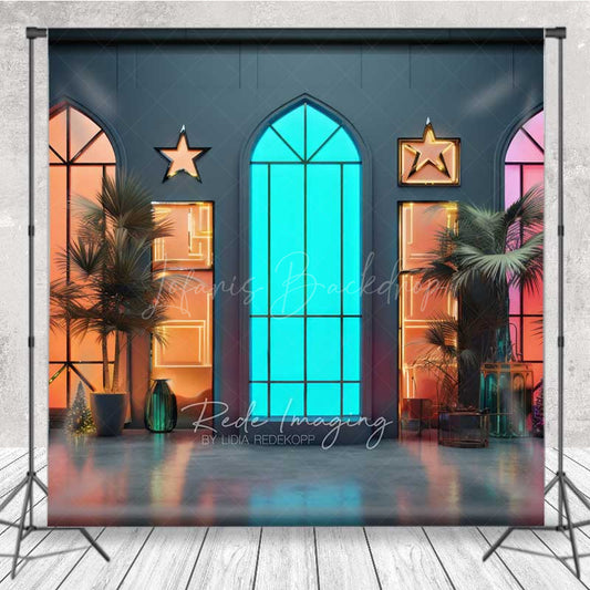 Lofaris Modern Neon Lights Window Photography Backdrop Colorful Glowing City Room 80s Themed Party or Event Photo Prop