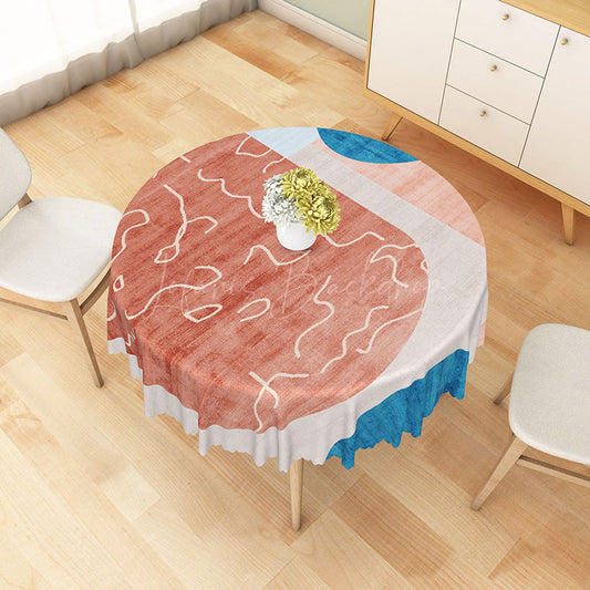 Lofaris Modern Patchwork Round Tablecloth in Red Blue and Gray for Abstract Contemporary Decor