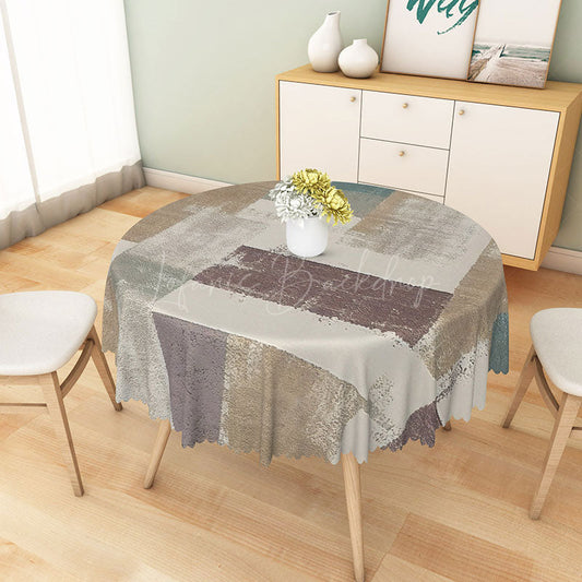 Lofaris Modern Patchwork Round Tablecloth in White Brown and Gray for Neutral Farmhouse Decor