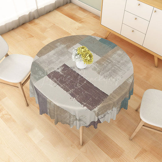 Lofaris Modern Patchwork Round Tablecloth in White Brown and Gray for Neutral Farmhouse Decor