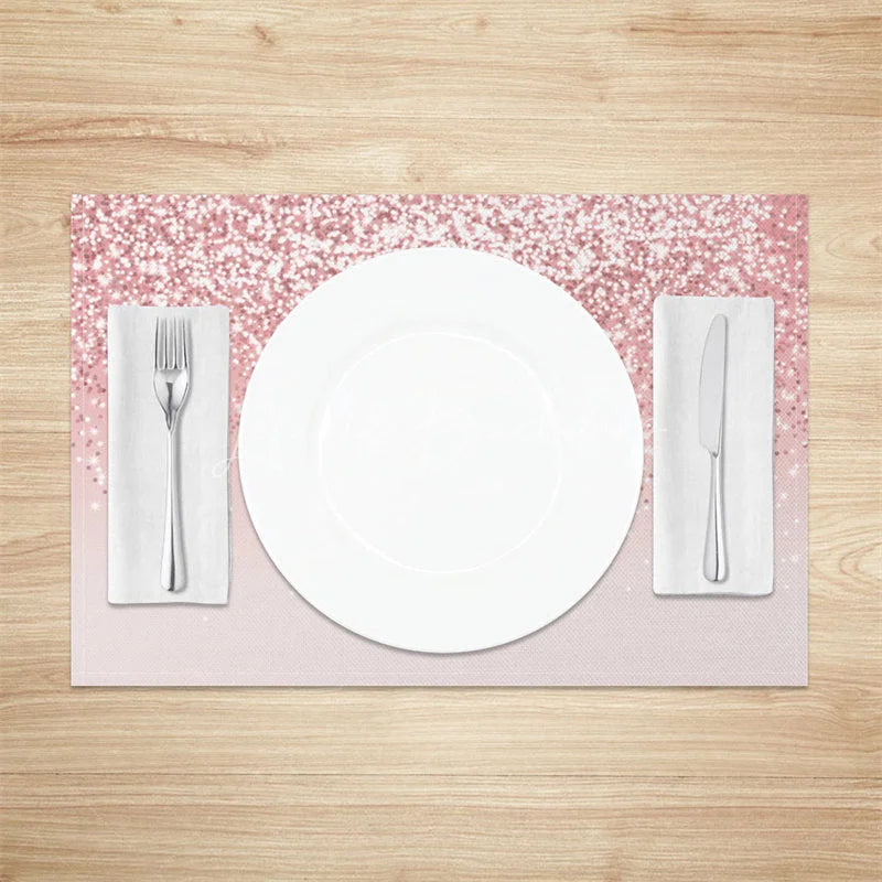 Lofaris Modern Pink on Glitter Effect Set of 4 Placemats for Glam Birthday Bachelorette and Party Decor