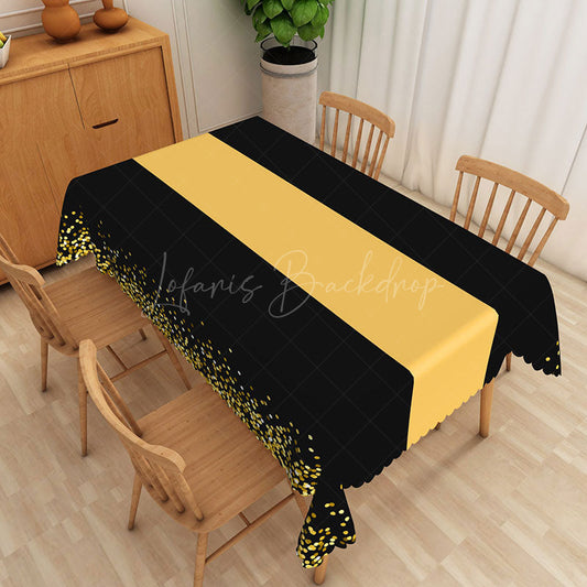 Lofaris Modern Polka Dot Tablecloth in Black Yellow and Gold for Birthday New Year’s or Graduation Party