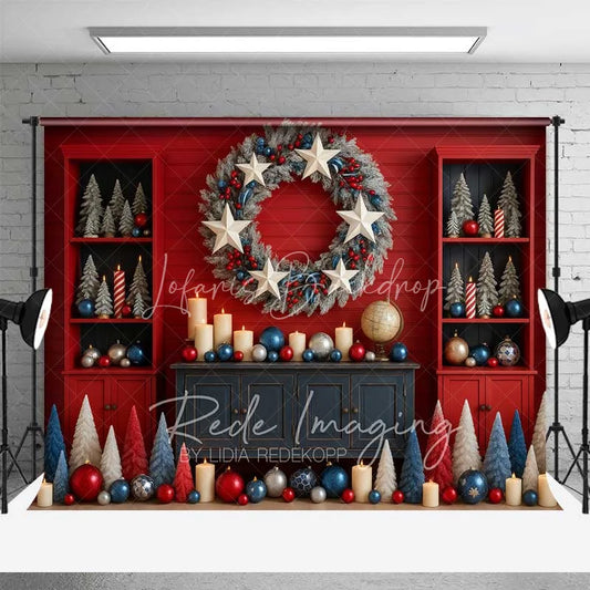 Lofaris Modern Red and Blue Backdrop White Star Wreath Shelves Cabinet Christmas Decor Photo Background