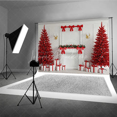 Lofaris Modern Red Christmas Photography Backdrop All Trees with White Fireplace Bold Holiday Photo Background