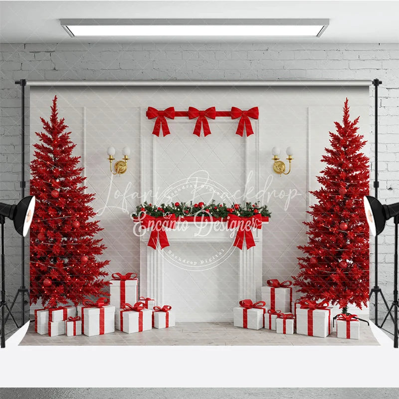 Lofaris Modern Red Christmas Photography Backdrop All Trees with White Fireplace Bold Holiday Photo Background