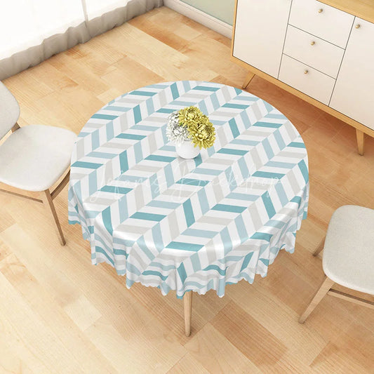 Lofaris Modern Stripe Round Tablecloth in Light Blue Gray and White for Coastal Contemporary Decor