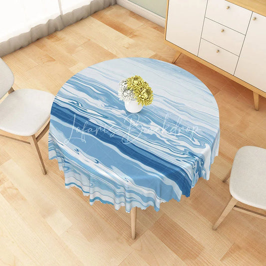 Lofaris Modern Summer Round Tablecloth with Blue and White Ocean Wave Print for Coastal Beach House Decor