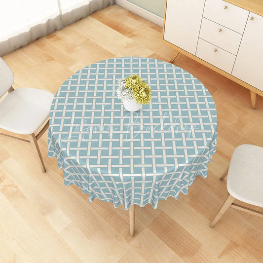 Lofaris Modern Teal and White Geometric Plaid Round Tablecloth for Contemporary Graphic Dining Decor
