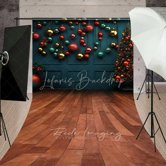 Lofaris Modern Teal Christmas Sweep Backdrop Hanging Ornaments Tree Wooden Floor Room Photo Background
