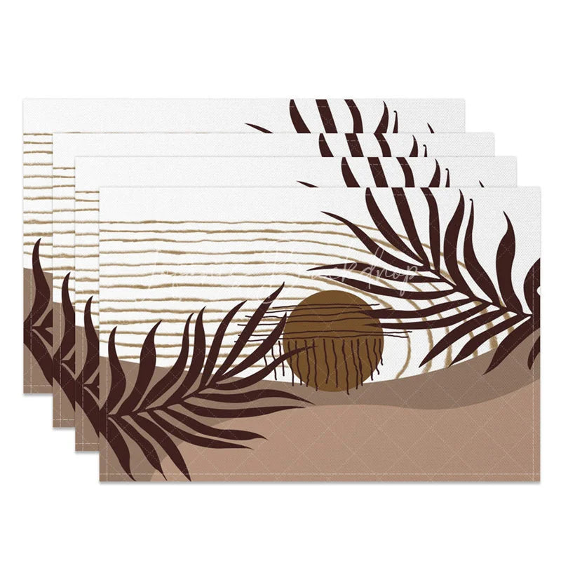 Lofaris Modern White and Brown Leaf Stripe Set of 4 Placemats for Botanical Farmhouse Kitchen Dining Decor