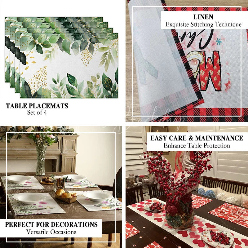 Lofaris Modern White and Brown Leaf Stripe Set of 4 Placemats for Botanical Farmhouse Kitchen Dining Decor