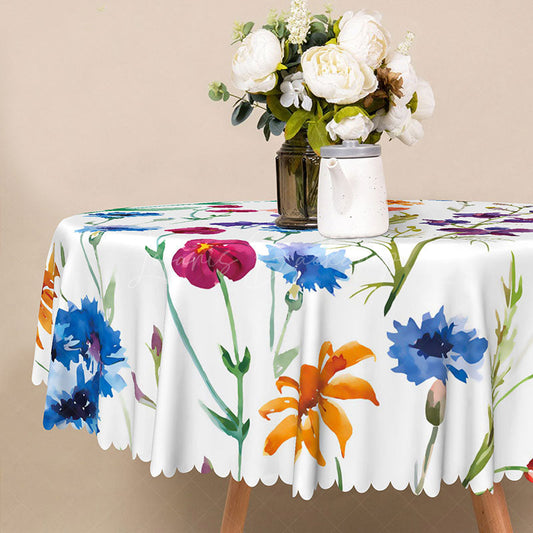 Lofaris Modern White Round Tablecloth with Colorful Floral Pattern for Spring Garden Party and Kitchen Decor