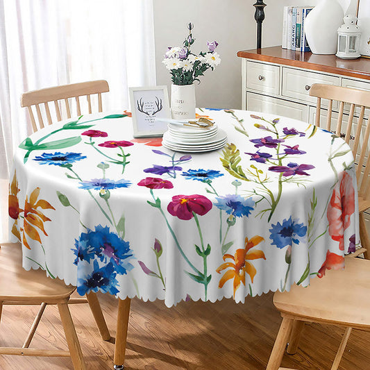 Lofaris Modern White Round Tablecloth with Colorful Floral Pattern for Spring Garden Party and Kitchen Decor