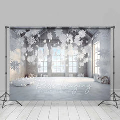 Lofaris Modern Winter Loft Backdrop Hanging 3D Snowflakes Industrial Windows Snow Floor Photo Background