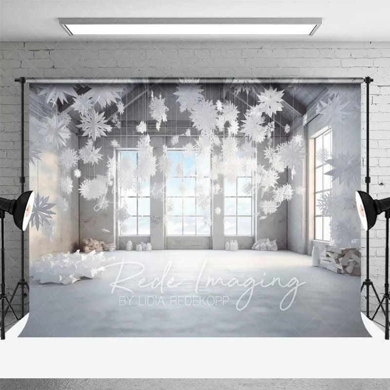 Lofaris Modern Winter Loft Backdrop Hanging 3D Snowflakes Industrial Windows Snow Floor Photo Background