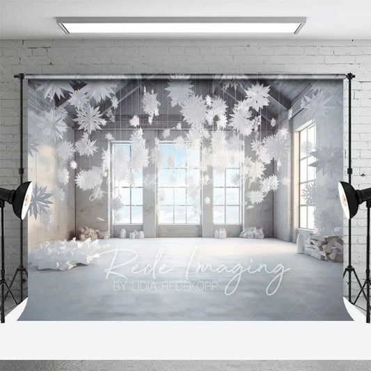 Lofaris Modern Winter Loft Backdrop Hanging 3D Snowflakes Industrial Windows Snow Floor Photo Background