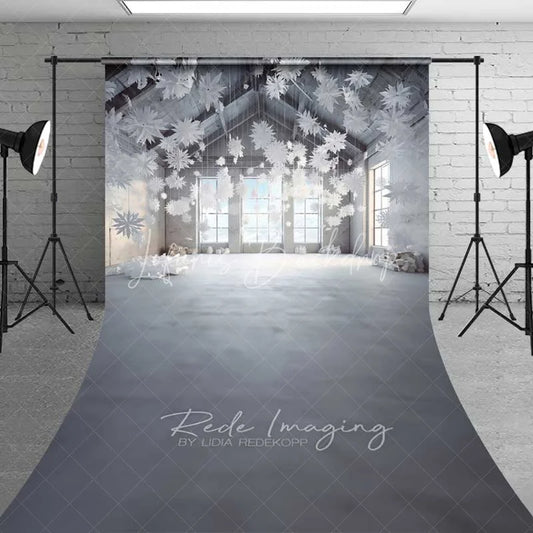 Lofaris Modern Winter Loft Sweep Backdrop Hanging Paper Snowflakes White Room Snow Floor Photo Background