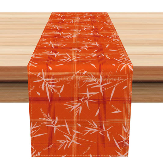 Lofaris Modern Zen Table Runner with Vivid Orange Bamboo Leaves and Stripes for Asian Inspired Dining Decor