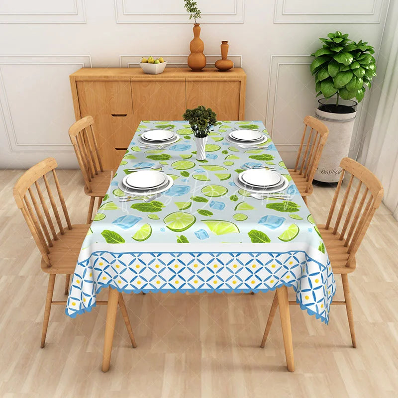 Lofaris Mojito Mint Rectangle Tablecloth Lime and Ice Cube Pattern Dining Table Cover