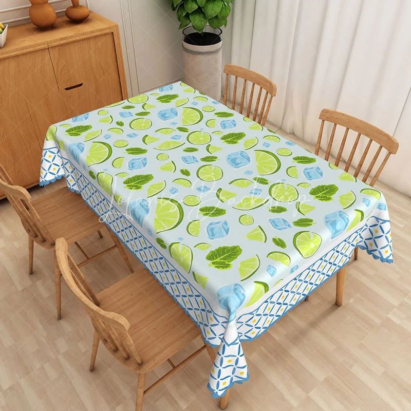 Lofaris Mojito Mint Rectangle Tablecloth Lime and Ice Cube Pattern Dining Table Cover