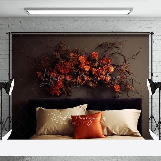Lofaris Moody Autumn Headboard Photography Backdrop Minimalist Bed with Dried Orange Roses Fall Bedroom Photo Prop