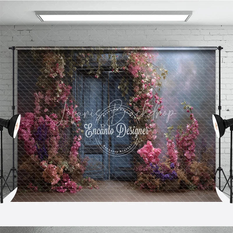 Lofaris Moody Blue Door Photography Backdrop Enchanted Garden with Pink Flowers Fine Art Painterly Photo Background