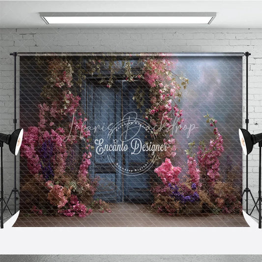 Lofaris Moody Blue Door Photography Backdrop Enchanted Garden with Pink Flowers Fine Art Painterly Photo Background
