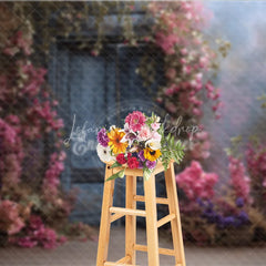 Lofaris Moody Blue Door Photography Backdrop Enchanted Garden with Pink Flowers Fine Art Painterly Photo Background