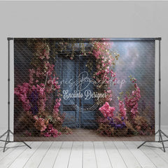 Lofaris Moody Blue Door Photography Backdrop Enchanted Garden with Pink Flowers Fine Art Painterly Photo Background