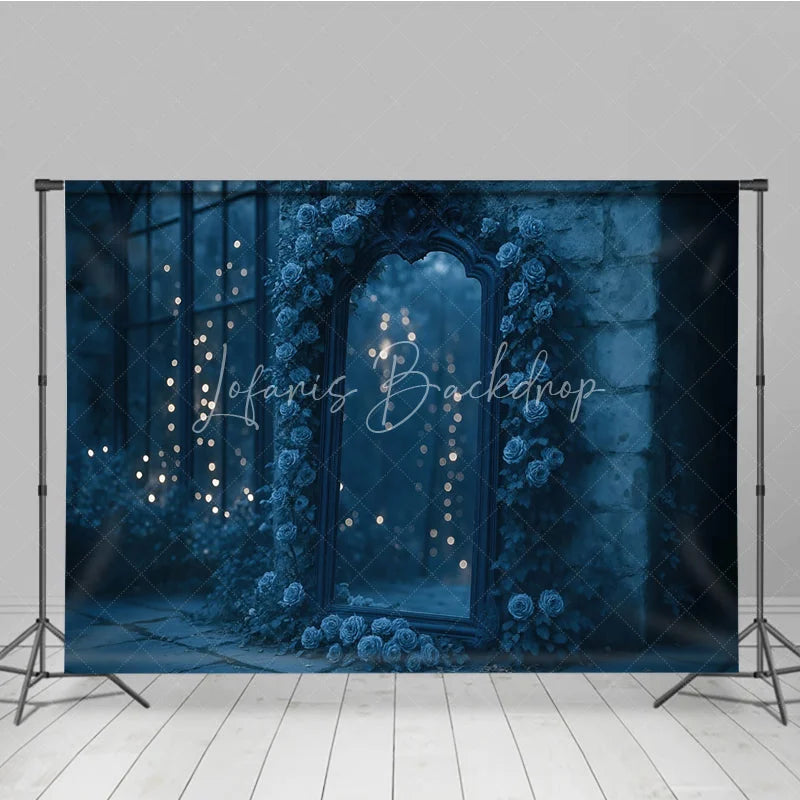 Lofaris Moody Blue Roses and Mirror Photography Backdrop Enchanted Garden with Bokeh Lights Fine Art Photo Background