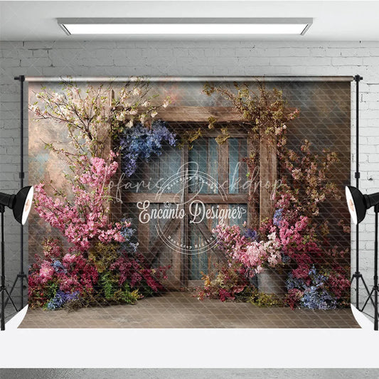 Lofaris Moody Floral Door Photography Backdrop Rustic Wood with Spring Flowers Fine Art Painterly Background