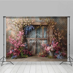 Lofaris Moody Floral Door Photography Backdrop Rustic Wood with Spring Flowers Fine Art Painterly Background