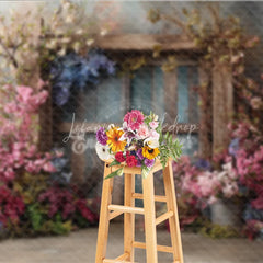 Lofaris Moody Floral Door Photography Backdrop Rustic Wood with Spring Flowers Fine Art Painterly Background