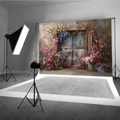 Lofaris Moody Floral Door Photography Backdrop Rustic Wood with Spring Flowers Fine Art Painterly Background