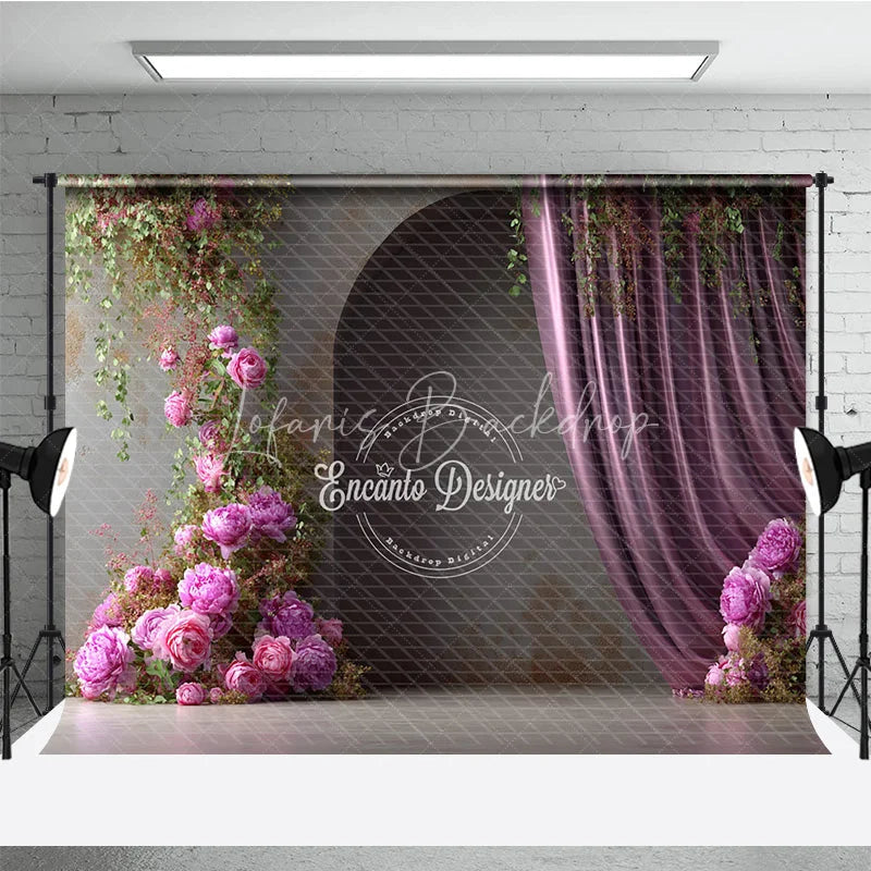 Lofaris Moody Pink Peony Photography Backdrop Climbing Flowers with Arch and Curtain Elegant Wedding Photo Background