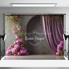 Lofaris Moody Pink Peony Photography Backdrop Climbing Flowers with Arch and Curtain Elegant Wedding Photo Background
