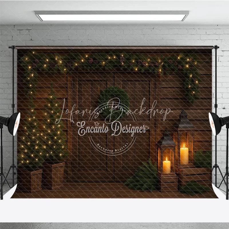 Lofaris Moody Rustic Christmas Door Photography Backdrop Dark Wood with Lanterns Simple Holiday Photo Background