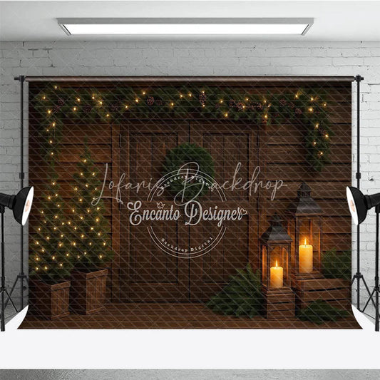 Lofaris Moody Rustic Christmas Door Photography Backdrop Dark Wood with Lanterns Simple Holiday Photo Background