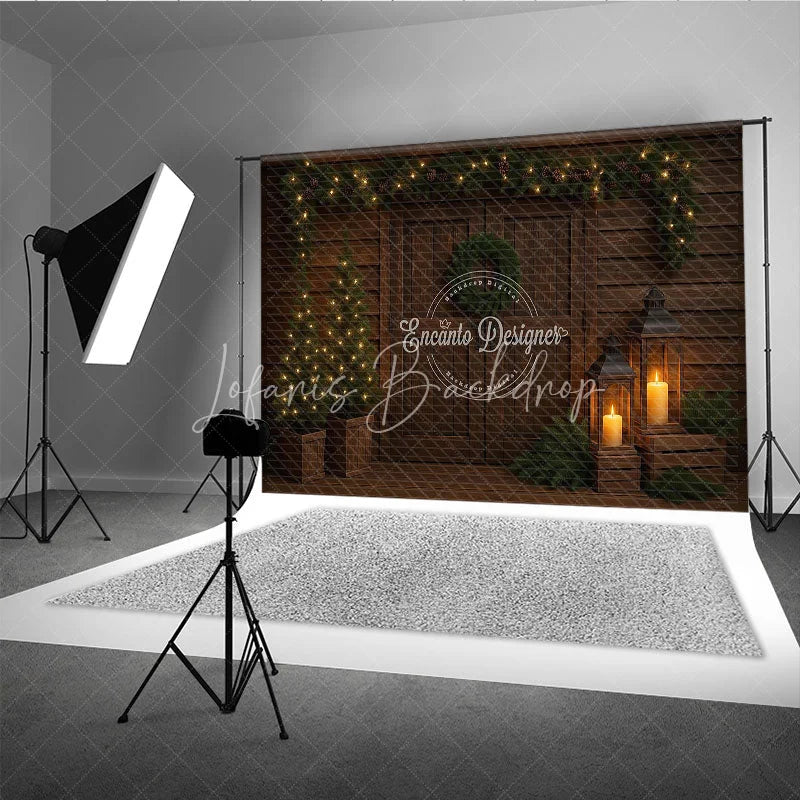 Lofaris Moody Rustic Christmas Door Photography Backdrop Dark Wood with Lanterns Simple Holiday Photo Background